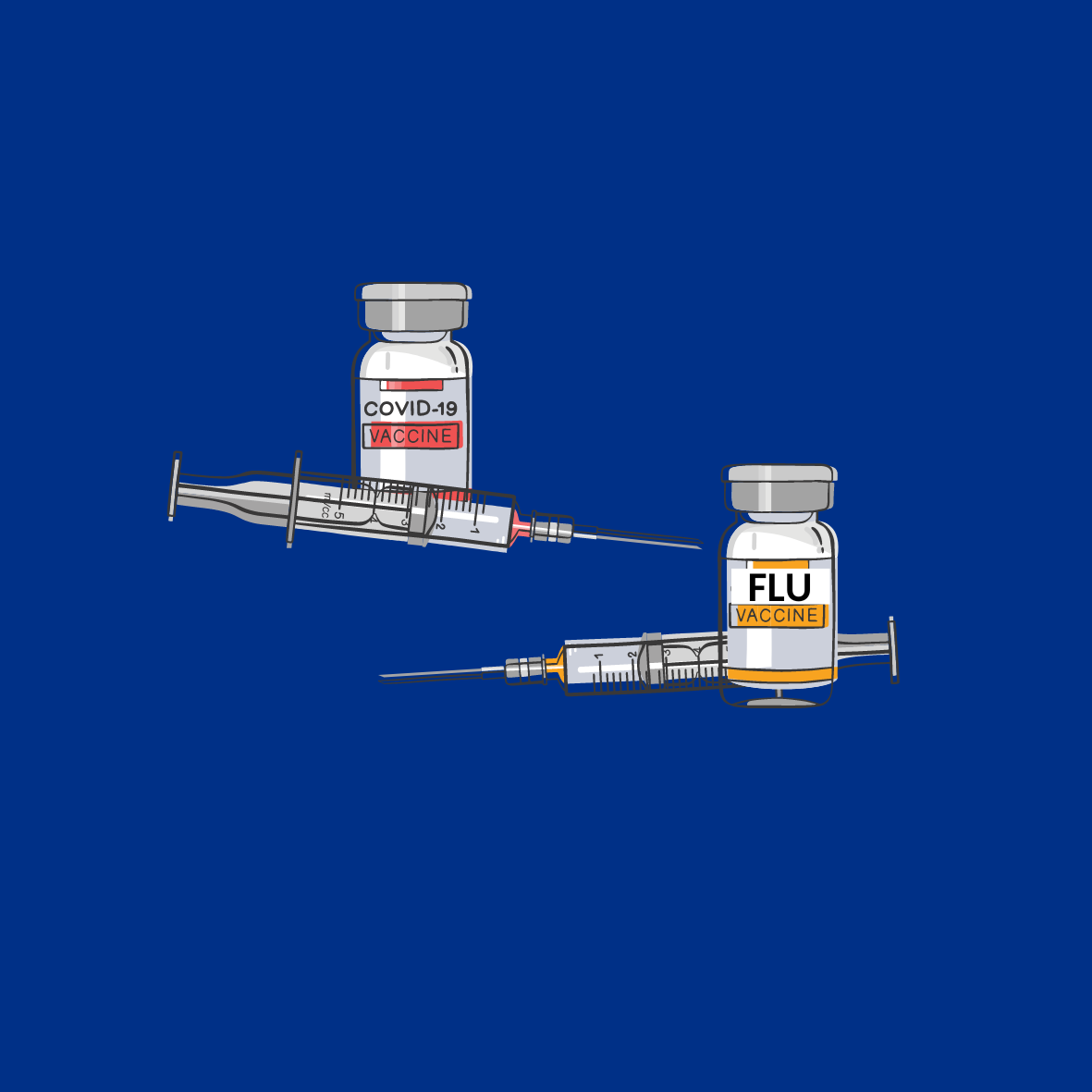 Image of Covid and Flu Vaccine Bottles and Needles