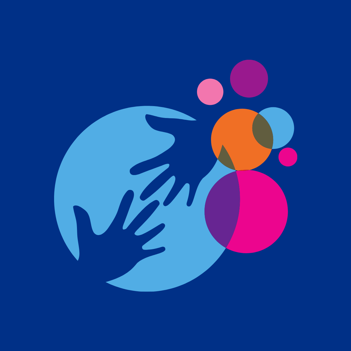 Graphic of Hands Touching in Blue Circle With Smaller Coloured Balls